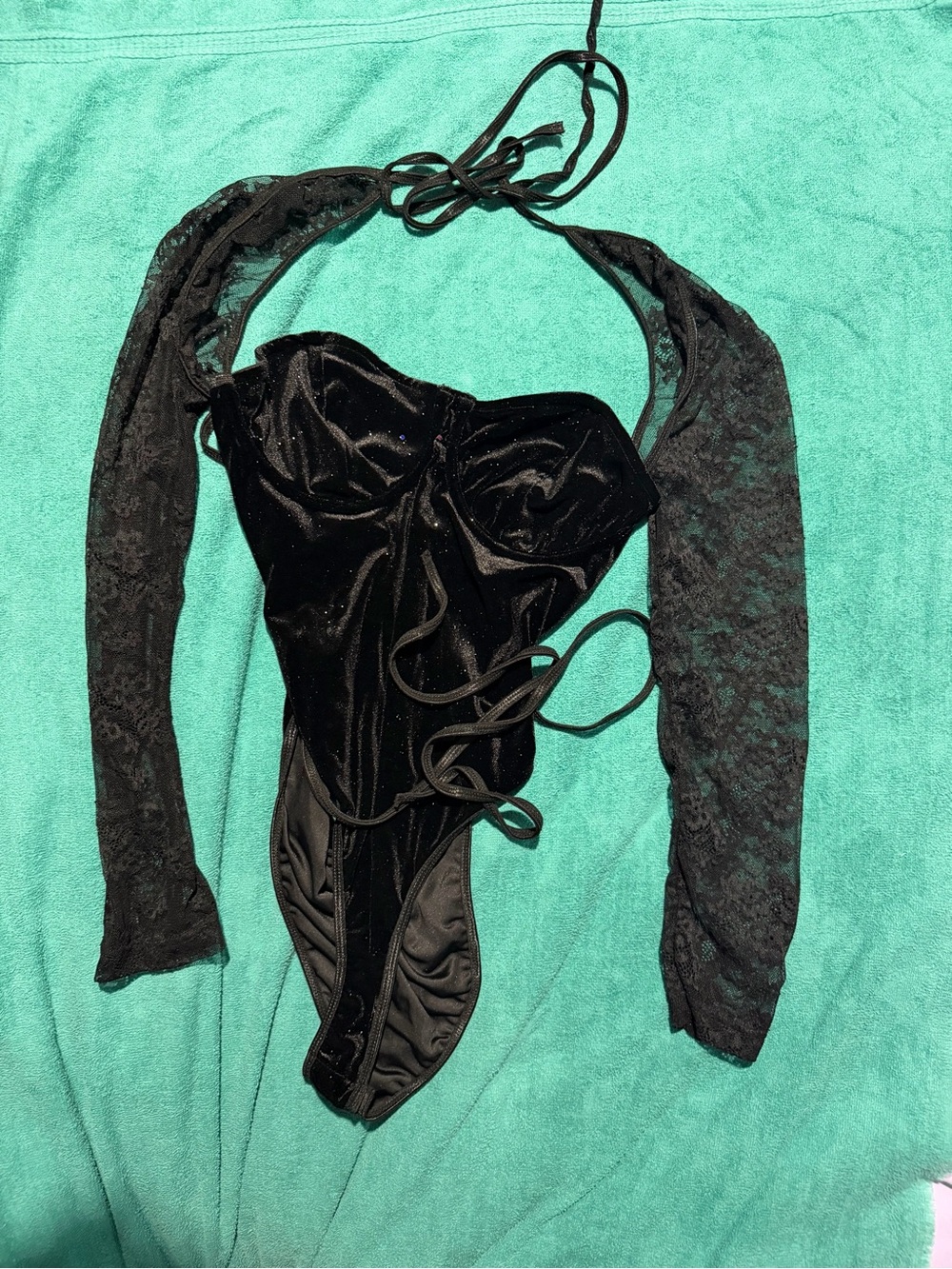 Black Velvet Lace Long-Sleeve Halter Bodysuit
